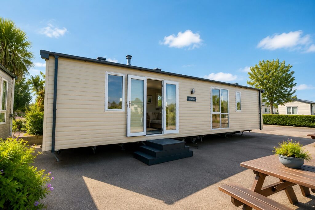 Static caravan holiday home featured in Parklink guide to Lodges Sale Bude Cornwall – exterior view